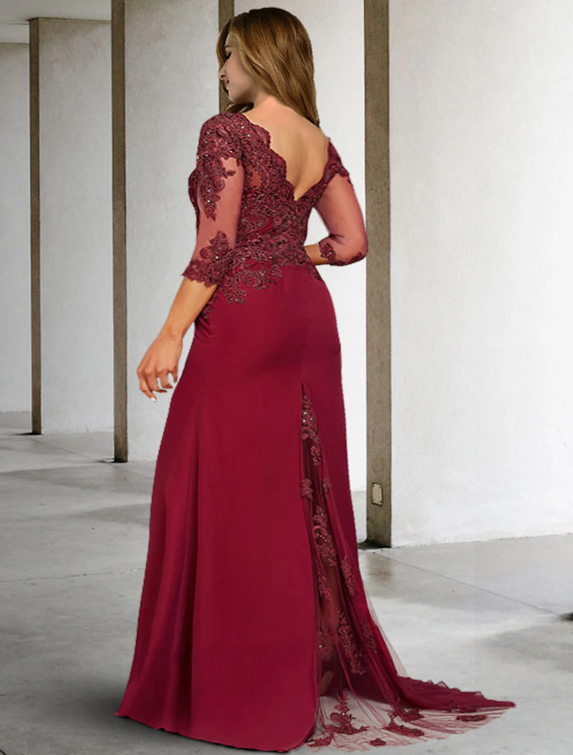 Wholesale A-Line Mother of the Bride Dresses Plus Size Hide Belly Curve Elegant Dress Formal Court Train 3/4 Length Sleeve V Neck Chiffon with Sequin Slit Appliques